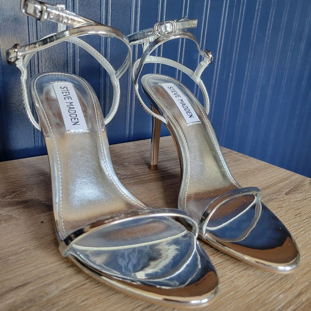 Steve Madden Theresa Silver Metallic Stiletto Heeled Sandals Ankle Strap Size 7M